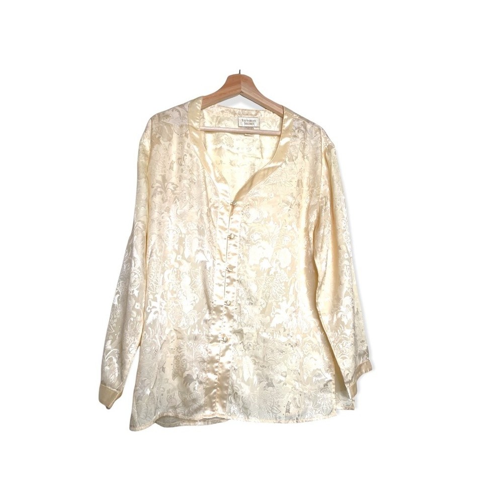 Victorias Secret Womens Sleep Shirt Ivory Floral Slit Button Long Sleeve Satin M